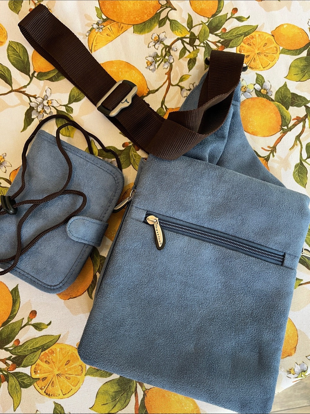 Travelon Blue Suede single sling bag with matching passport holder EUC